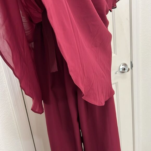 Wedding Pant Suit Maroon Red Sheer Ruched Cap Sleeve Embroidered Beaded Elegant - Picture 11 of 15